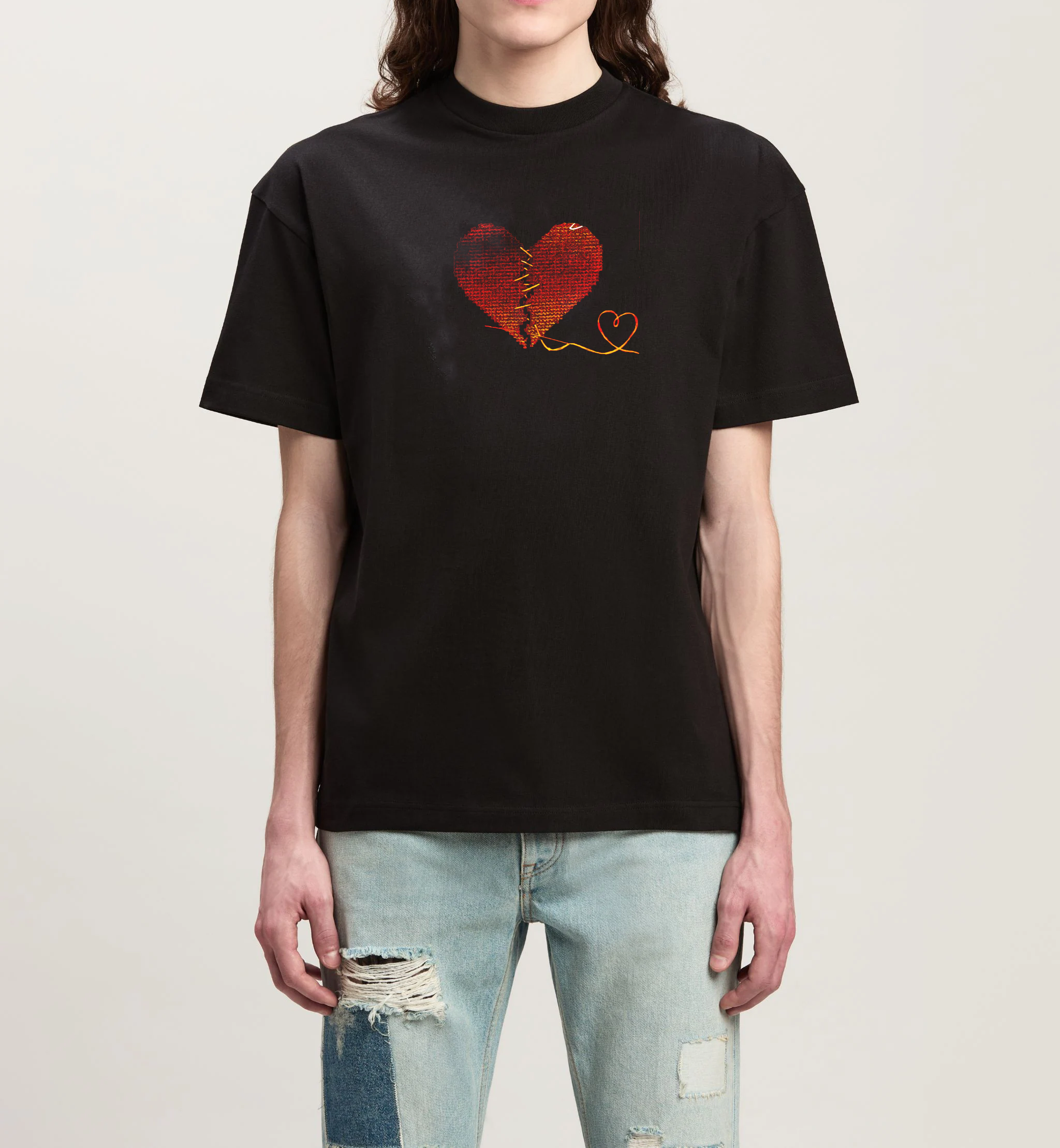 Stitched Heart Printed black T-Shirt